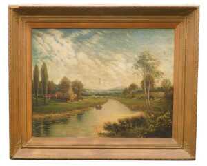 19thC British School. River landscape with anglers in rowing boat, oil on canvas, 70cm x 90cm. - 2