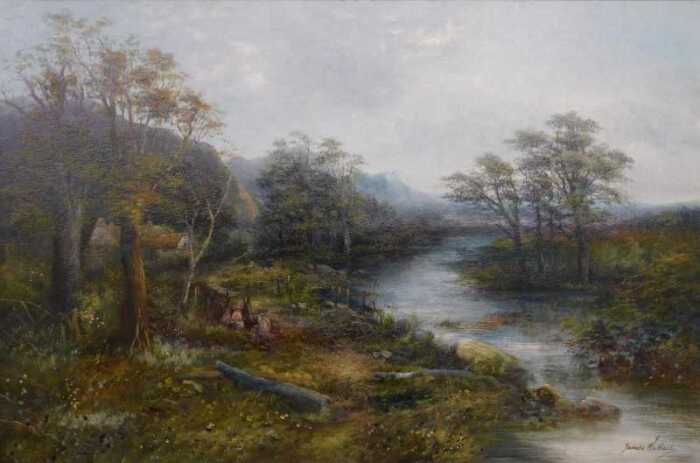 James Wallace (19thC/20thC). River landscape with figures, oil on canvas, signed, 49cm x 75cm.