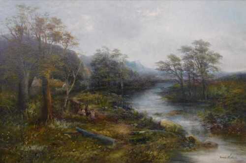 James Wallace (19thC/20thC). River landscape with figures, oil on canvas, signed, 49cm x 75cm.
