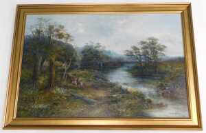 James Wallace (19thC/20thC). River landscape with figures, oil on canvas, signed, 49cm x 75cm. - 2