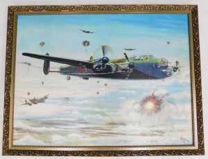 J Mulvey (20thC). Flying through the anti-aircraft flack, oil on canvas, signed and dated 1998,... - 2