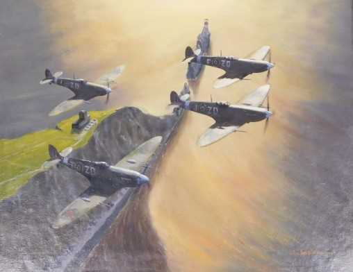 Swallow (20thC). Spitfires over the coast, oil on canvas, signed, 40cm x 50cm.
