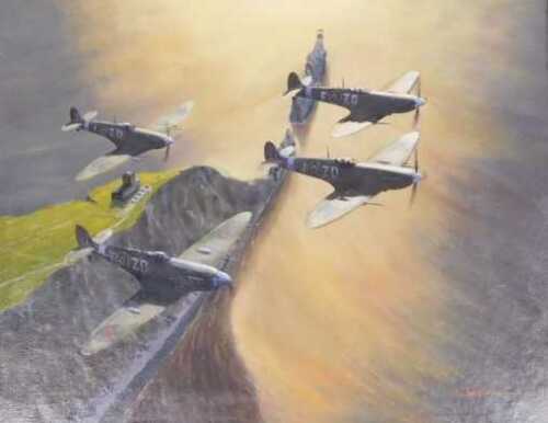 Swallow (20thC). Spitfires over the coast, oil on canvas, signed, 40cm x 50cm.