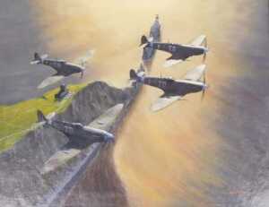 Swallow (20thC). Spitfires over the coast, oil on canvas, signed, 40cm x 50cm.