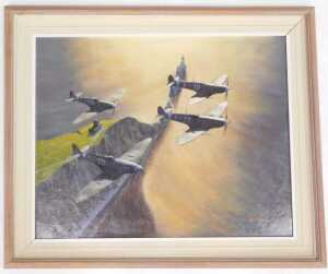 Swallow (20thC). Spitfires over the coast, oil on canvas, signed, 40cm x 50cm. - 2