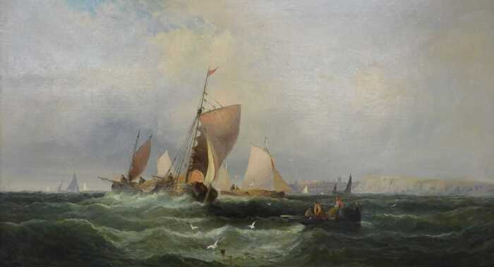 Charles Thorneley (act. 1858-c.1902). Masted ships and rowing boat off the coast, oil on canvas,...