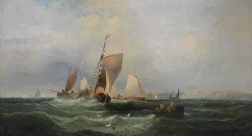 Charles Thorneley (act. 1858-c.1902). Masted ships and rowing boat off the coast, oil on canvas,...