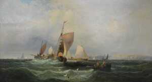 Charles Thorneley (act. 1858-c.1902). Masted ships and rowing boat off the coast, oil on canvas,...