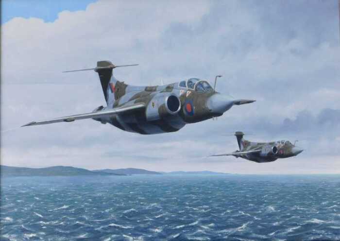 Stephen Chard (20thC). Low Riders 12 SQN MS Buccaneer S2B's, oil on canvas, signed and titled...
