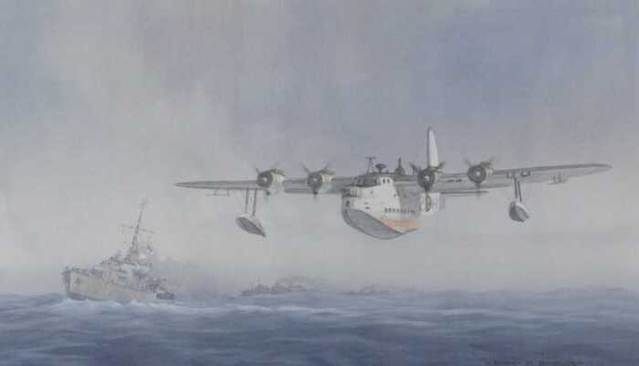 Barry K Barnes (20thC). Battle of the Atlantic Sunderland III Coastal Command, watercolour,...
