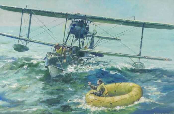 Derek Bartlett (20thC). Sea Rescue Vickers Supermarine Walrus in Action, oil on board, signed...