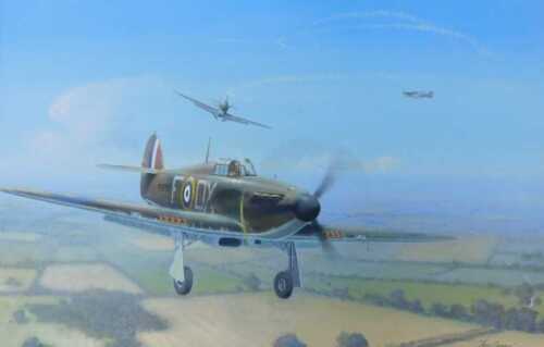 Theo Fraser (20thC). Spitfires, oil on board, signed, 49cm x 75cm. 
Label verso, The Guild of...