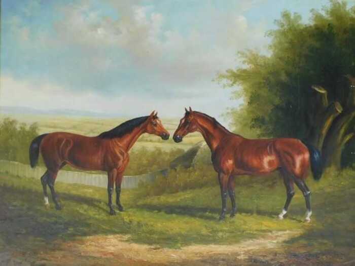20thC School. Two chestnut horses in landscape, oil on canvas, 90cm x 120cm.