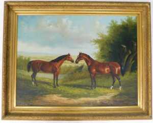 20thC School. Two chestnut horses in landscape, oil on canvas, 90cm x 120cm. - 2