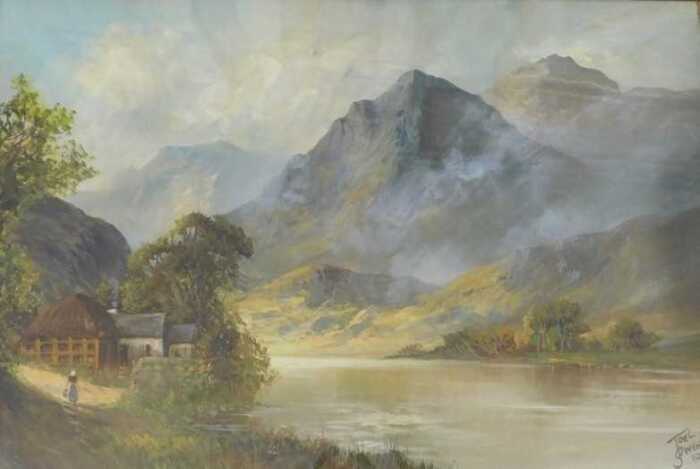 Joel Owen (1895-1950). Mountain landscape with farmstead and figure, oil on canvas, signed and...