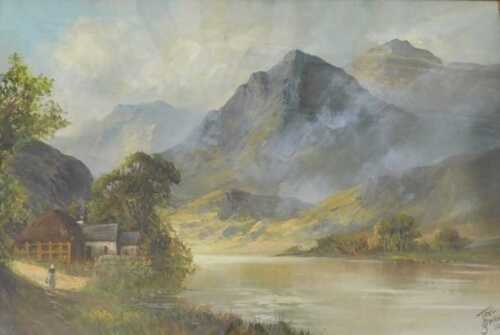 Joel Owen (1895-1950). Mountain landscape with farmstead and figure, oil on canvas, signed and...