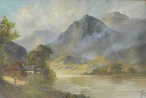 Joel Owen (1895-1950). Mountain landscape with farmstead and figure, oil on canvas, signed and...