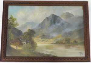 Joel Owen (1895-1950). Mountain landscape with farmstead and figure, oil on canvas, signed and... - 2