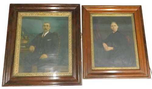 Two 19thC painted portraits. Husband and Wife, Rosewood frames with gilt slip mounts, 60cm x...