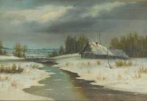 19thC/20thC Continental School. Winter river landscape, oil on canvas, 57cm x 87cm.