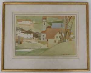 Averil Mary Burleigh (1883-1949). Village landscape, watercolour, signed, 25cm x 36cm. Label... - 2