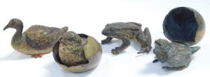 An Austrian early 20thC cold painted bronze figure of a duck, in the manner of Franz Bergman, stamped Geschutz and other indistinct marks, 8cm wide, together with a cold painted bronze figure of a frog, 6cm wide, a cold painted bronze figure of a chick em - 8