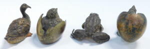 An Austrian early 20thC cold painted bronze figure of a duck, in the manner of Franz Bergman, stamped Geschutz and other indistinct marks, 8cm wide, together with a cold painted bronze figure of a frog, 6cm wide, a cold painted bronze figure of a chick em - 9