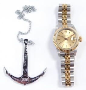 A Tudor Princess Oyster Date lady's bi-colour wristwatch, circular gilt dial with centre seconds, date aperture, rota self winding, on a bracelet strap, with 200 metre guarantee under water anchor pendant on chain, guarantee, booklet and pouch, cased and - 10