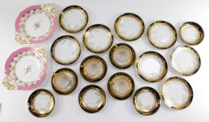 A pair of late 19thC porcelain dessert plates, possibly Coalport, painted with flowers against a pink ground, together with a German porcelain part coffee service, gilt decorated with leaves and blossom, gilt highlighted, comprising four coffee cups, eigh - 3