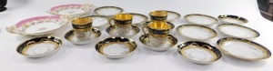 A pair of late 19thC porcelain dessert plates, possibly Coalport, painted with flowers against a pink ground, together with a German porcelain part coffee service, gilt decorated with leaves and blossom, gilt highlighted, comprising four coffee cups, eigh - 5