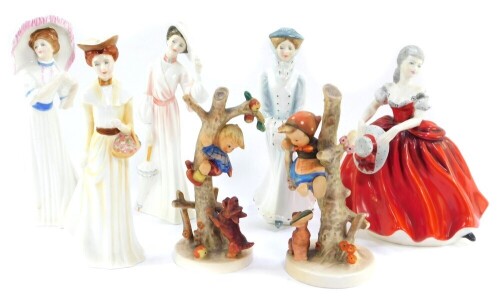 Four Royal Doulton figures, comprising Catherine In Spring HN3006., Sarah In Winter HN3005., Emily In Autumn HN3004., and Lillian In Summer HN3003., together with a Coalport figure modeled as Anna, and two Hummel figures modeled as Apple Tree Boy and Appl