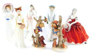 Four Royal Doulton figures, comprising Catherine In Spring HN3006., Sarah In Winter HN3005., Emily In Autumn HN3004., and Lillian In Summer HN3003., together with a Coalport figure modeled as Anna, and two Hummel figures modeled as Apple Tree Boy and Appl