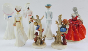 Four Royal Doulton figures, comprising Catherine In Spring HN3006., Sarah In Winter HN3005., Emily In Autumn HN3004., and Lillian In Summer HN3003., together with a Coalport figure modeled as Anna, and two Hummel figures modeled as Apple Tree Boy and Appl - 3
