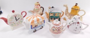 A group of character teapots, comprising a Tony Wood camel teapot., Angler teapot., Arthur Wood Cream Tea teapot., clock face teapot., Refreshments Van teapot., Wade Apres Ski teapot, and a Coronation Street Rovers Return teapot. (AF) (7) N.B. Please not - 3
