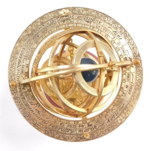 A brass orrery, with an astrological plate, raised on four supports above a table type base on three lion's paws supports, above a circular base inset with a compass, 26cm high. (AF) - 3