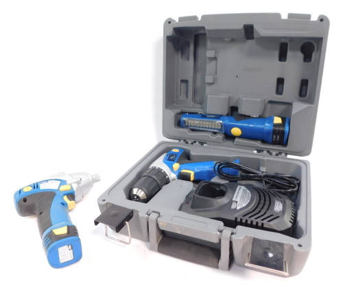 A Draper 10.8 volt cordless rotary drill, 10.8 volt lithium-ion battery pack and charger, cased, and a 10.8 volt cordless impact driver. (2)