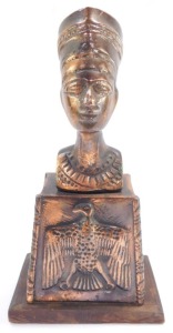A copper 20thC bust of Queen Nefertiti, raised on a stand embossed with a vulture and hieroglyphs, on a wooden base, 19cm high. - 2