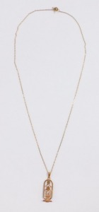 An Egyptian hieroglyph pendant, yellow metal, on a belcher link neck chain, stamped 585, 4.2g all in. - 5