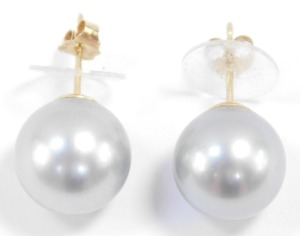 A pair of silver Tahitian cultured pearl earrings, set in yellow metal, stamped 14k, approximately 10mm diameter. - 2