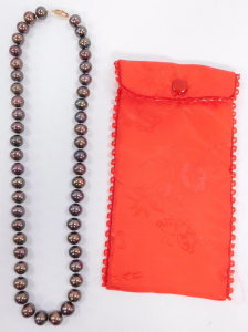 A grey lustre cultured pearl necklace, on a yellow metal hook clasp, stamped 14K, each pearl approx 8 mm. - 2