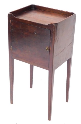 A 19thC mahogany pot cupboard, with a raised gallery, above a single door, on square tapering legs, 39cm wide.