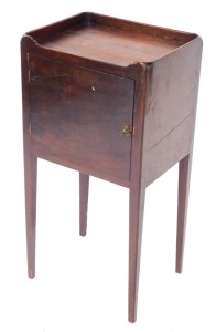 A 19thC mahogany pot cupboard, with a raised gallery, above a single door, on square tapering legs, 39cm wide.