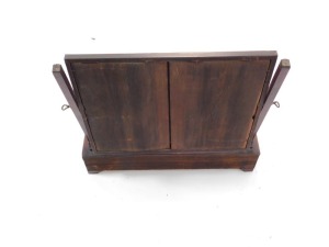 A George III flame mahogany and satinwood cross banded toilet mirror, the rectangular swing frame mirror above a bow fronted base, having one long and two short drawers, raised on bracket feet, 54cm high, 57cm wide, 24.5cm deep. - 3