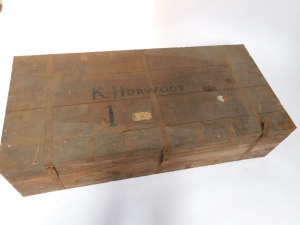 A 20thC Eastern teak packing case, with metal bands, painted name R Horwood, 35cm high, 145cm wide, 70cm deep. (AF) - 2