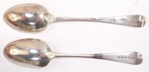 A George III silver table or dessert spoon, James Phipps I, London 1787, initial engraved, and a further spoon, William Eley & William Fearn, London 1805, initial engraved, 4.02oz. (2) - 2