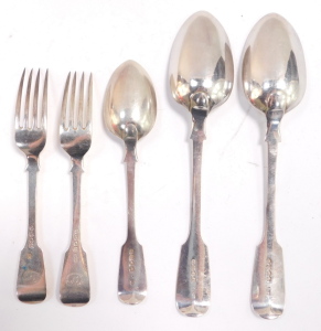 A group of Victorian silver table wares, comprising two table spoons, dessert spoon and pair of dessert forks, engraved W.B.C., Testimonial 1856, initial P, Chawner & Company, London 1856, 9.88oz. (5) - 3