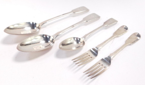A group of Victorian silver table wares, comprising two table spoons, dessert spoon and pair of dessert forks, engraved W.B.C., Testimonial 1856, initial P, Chawner & Company, London 1856, 9.88oz. (5) - 4