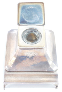A George V loaded silver ink well and pen tray, with glass liner, of outswept form, engraved Stockport Golf Club 1930, Birmingham 1929, 11.01oz all. 9.5cm wide. - 3