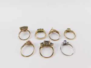 A collection of seven 9ct gold dress rings, mounted with different semi precious stones. - 2