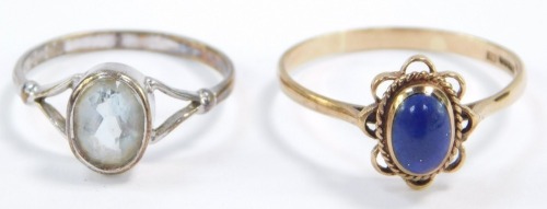 A 9ct gold and blue cabochon hard stone ring, size S, together with a 9ct white gold and aquamarine ring, size M, 3.3g.